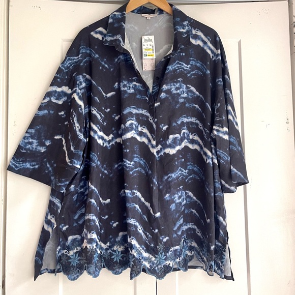 $78 1X 3X Wavy Tie Dye Indigo Blue White POPOVER Embroidered Tunic Top Blouse - Picture 6 of 6